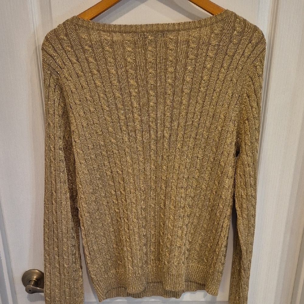 Lauren Ralph Lauren Gold Metallic Ribbed Silk Blend Crew Neck Sweater - Picture 6 of 7